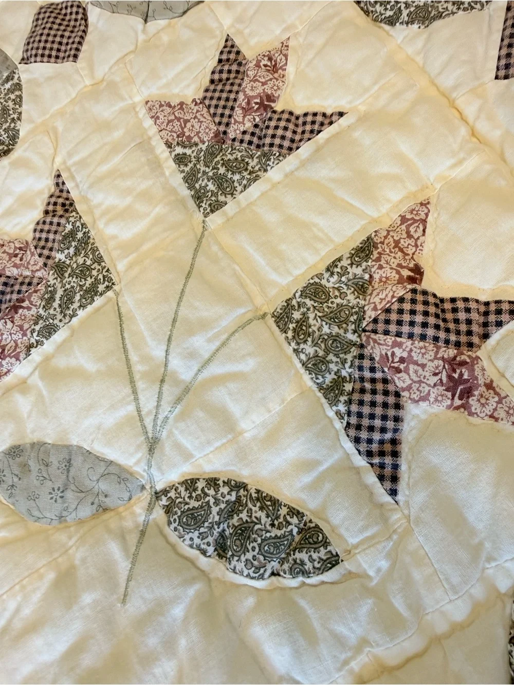 Vintage Hand Applique Tulip Quilt Scalloped Edge Ice Cream Cone Border 80x61
